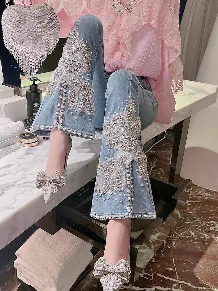 Embroidery Jeans Sakura - Jeans da donna a vita alta