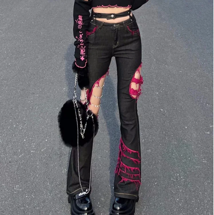 Embroidery Jeans Sakura - Jeans neri ragazza Punk giapponese sottocultura